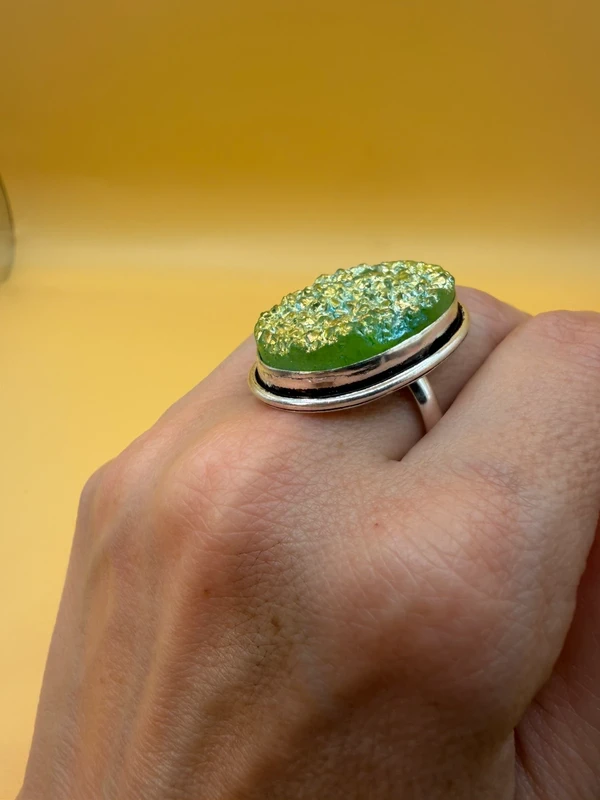 Green Titanium Druzy 925 Silver Ring Uk T