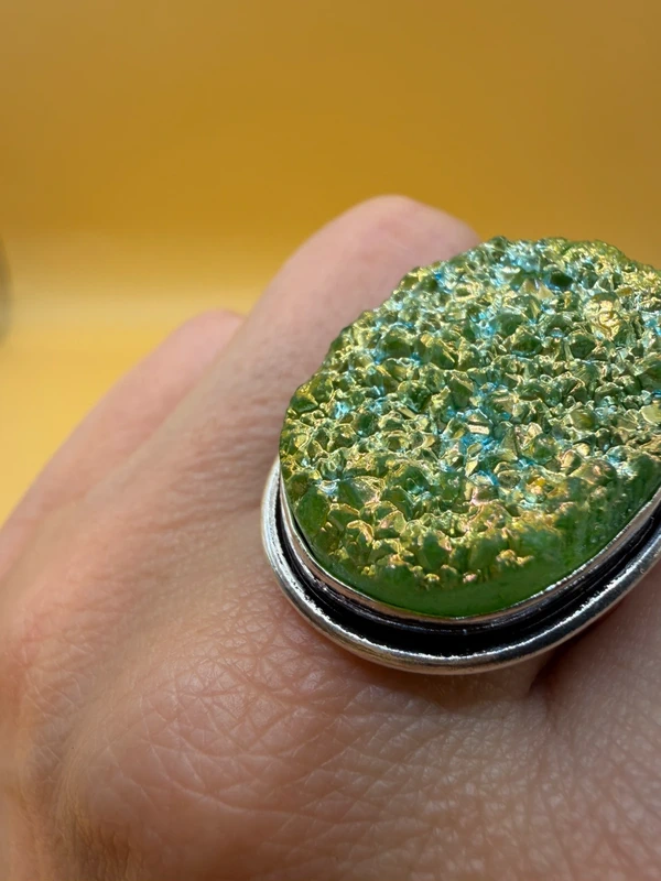 Green Titanium Druzy 925 Silver Ring Uk T
