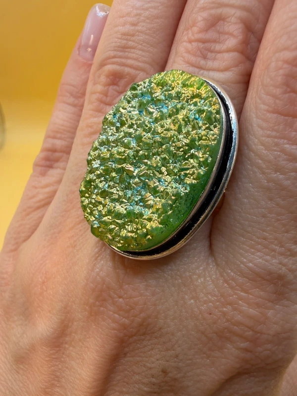 Green Titanium Druzy 925 Silver Ring Uk T