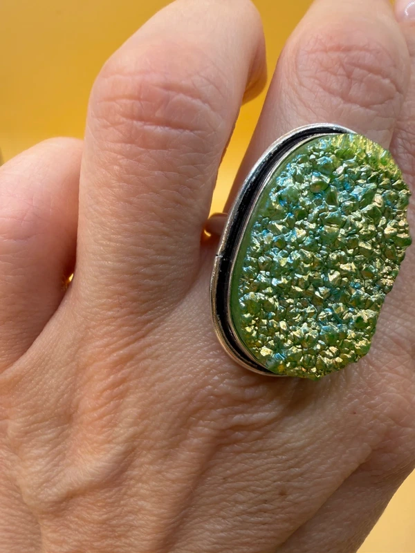 Green Titanium Druzy 925 Silver Ring Uk T