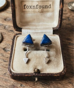 Vintage 925 Sterling Silver Unusual Design Lapis Drop Stud Earring