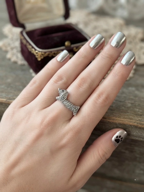 S925 Oeelin Mark Sterling Silver Cz Paving Cute Dog sausage dog dachshund ring UK Size O