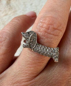 S925 Oeelin Mark Sterling Silver Cz Paving Cute Dog sausage dog dachshund ring UK Size O