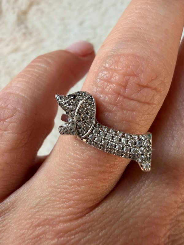 S925 Oeelin Mark Sterling Silver Cz Paving Cute Dog sausage dog dachshund ring UK Size O