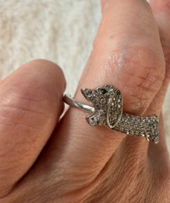 S925 Oeelin Mark Sterling Silver Cz Paving Cute Dog sausage dog dachshund ring UK Size O
