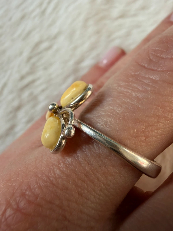 925 Sterling Silver Three Egg Yolk Amber Ring -UK Size R, US 9¼ (9.25)