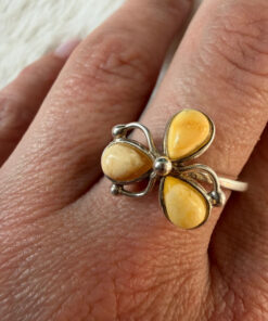 925 Sterling Silver Three Egg Yolk Amber Ring -UK Size R, US 9¼ (9.25)