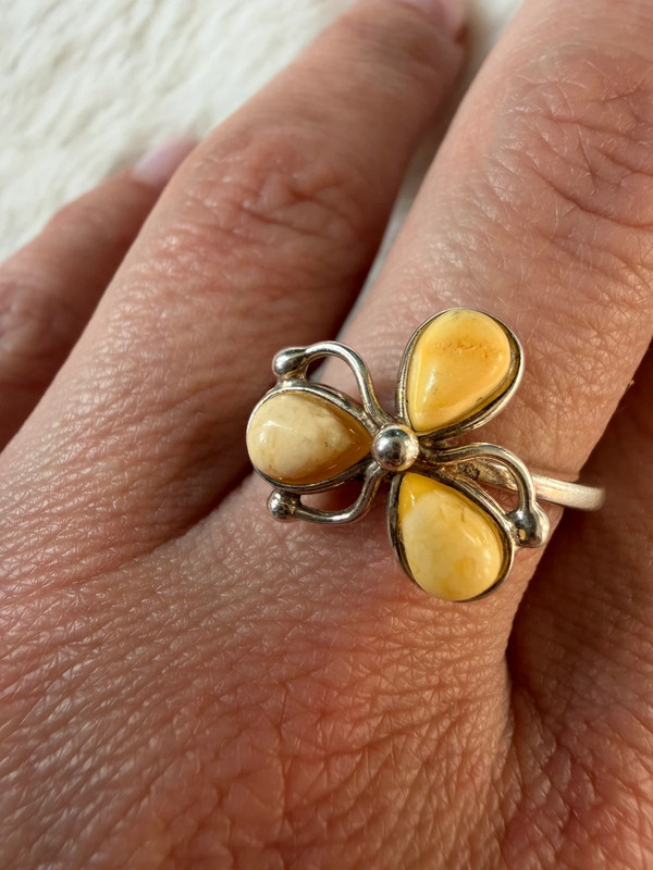 925 Sterling Silver Three Egg Yolk Amber Ring -UK Size R, US 9¼ (9.25)