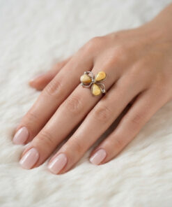 925 Sterling Silver Three Egg Yolk Amber Ring -UK Size R, US 9¼ (9.25)
