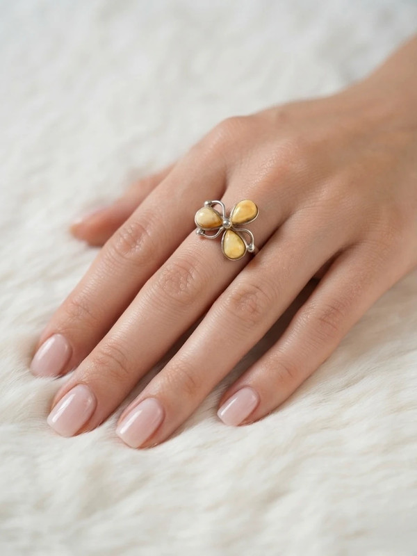 925 Sterling Silver Three Egg Yolk Amber Ring -UK Size R, US 9¼ (9.25)