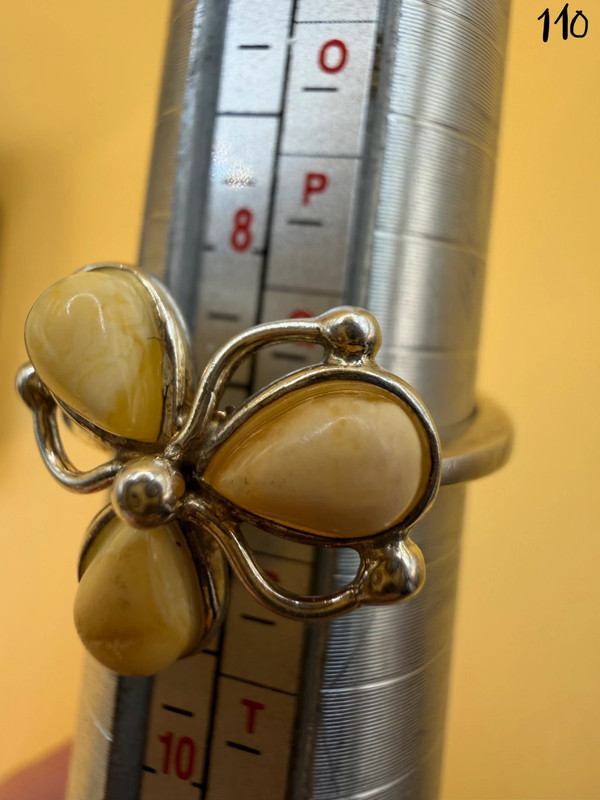 925 Sterling Silver Three Egg Yolk Amber Ring -UK Size R, US 9¼ (9.25)