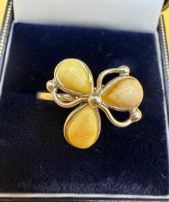 925 Sterling Silver Three Egg Yolk Amber Ring -UK Size R, US 9¼ (9.25)