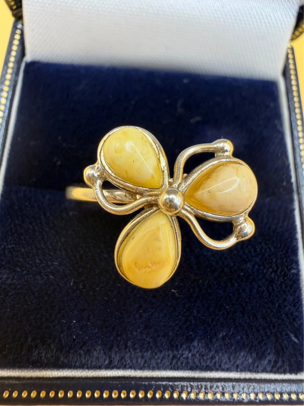 925 Sterling Silver Three Egg Yolk Amber Ring -UK Size R, US 9¼ (9.25)
