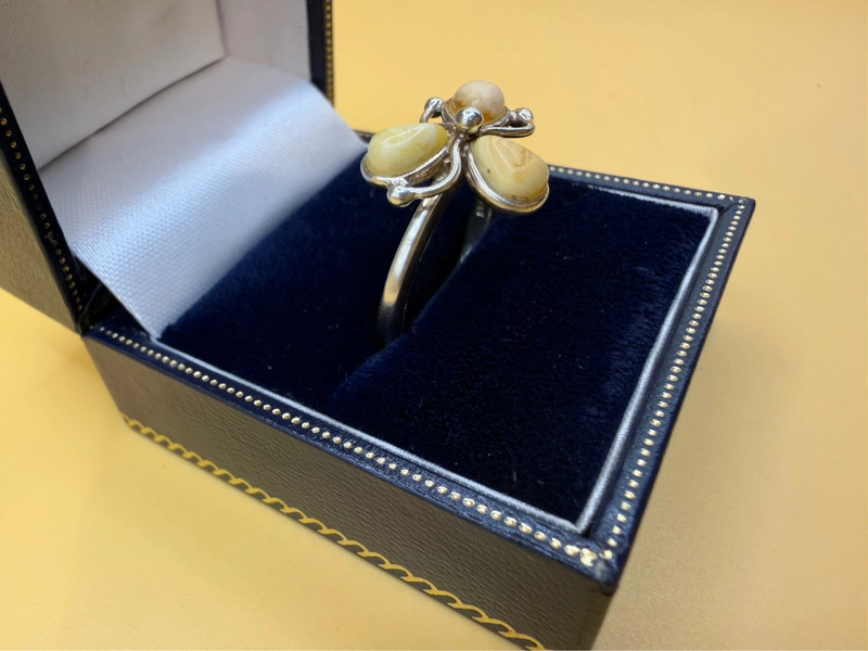 925 Sterling Silver Three Egg Yolk Amber Ring -UK Size R, US 9¼ (9.25)