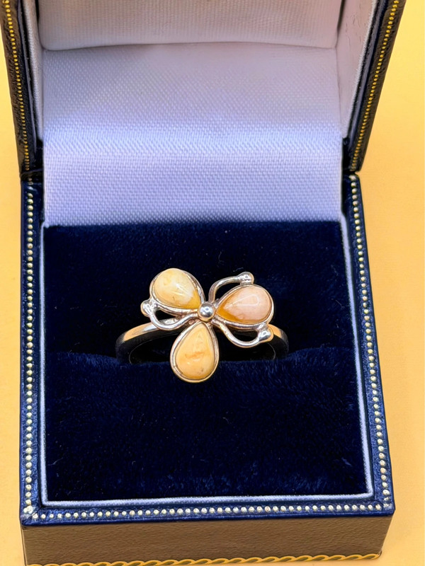 925 Sterling Silver Three Egg Yolk Amber Ring -UK Size R, US 9¼ (9.25)