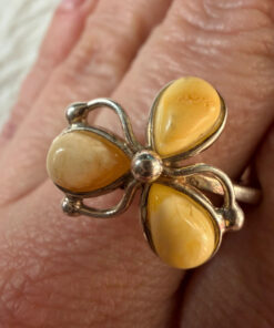 925 Sterling Silver Three Egg Yolk Amber Ring -UK Size R, US 9¼ (9.25)