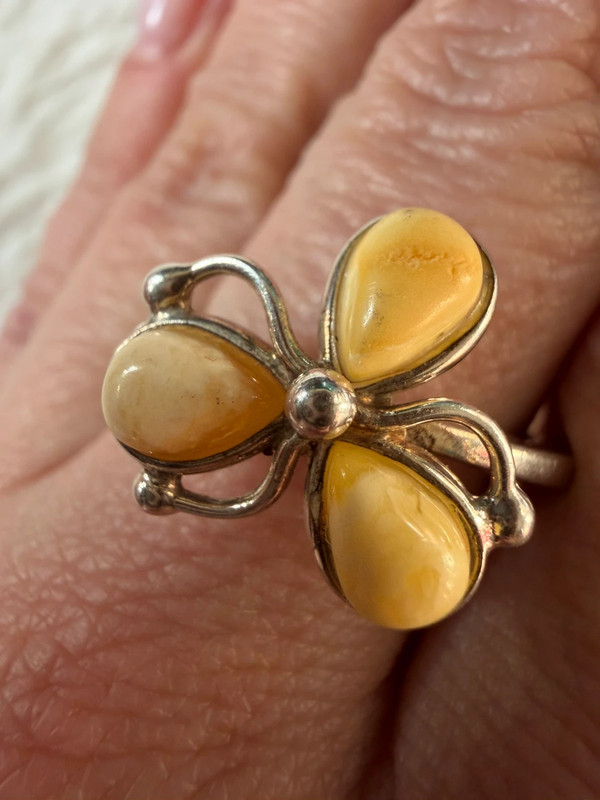 925 Sterling Silver Three Egg Yolk Amber Ring -UK Size R, US 9¼ (9.25)