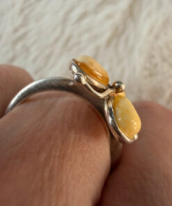 925 Sterling Silver Three Egg Yolk Amber Ring -UK Size R, US 9¼ (9.25)