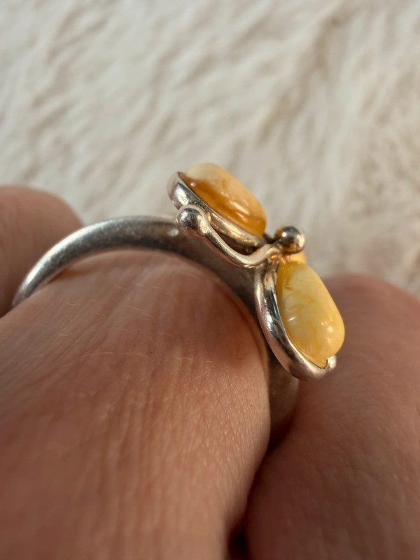 925 Sterling Silver Three Egg Yolk Amber Ring -UK Size R, US 9¼ (9.25)