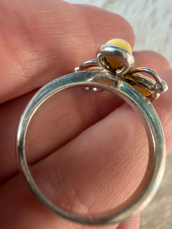 925 Sterling Silver Three Egg Yolk Amber Ring -UK Size R, US 9¼ (9.25)