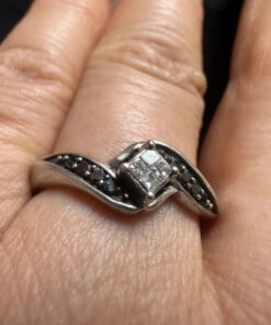 UK Size N1/2 Sterling Silver Tested Clear & Black Diamonds Ring -1
