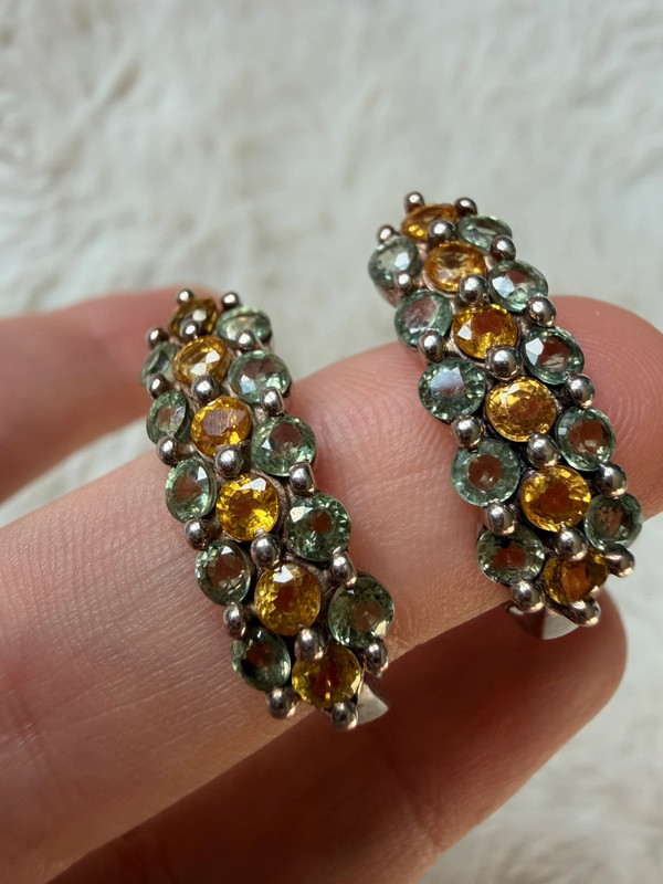 925 Sterling Silver Hoop Earrings with Rare Blue and Yellow Sapphire Pavé Setting