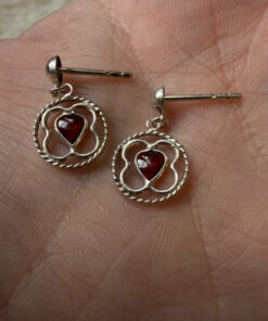 Vintage Sterling Silver heart Garnet 4 Leaf Clove Drop Earrings