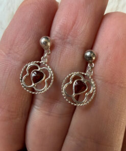 Vintage Sterling Silver heart Garnet 4 Leaf Clove Drop Earrings
