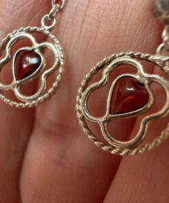 Vintage Sterling Silver heart Garnet 4 Leaf Clove Drop Earrings