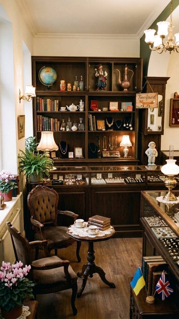 The FoxnFound vintage jewellery boutique — display cabinets, the fox sign, and Ukrainian and British flags side by side