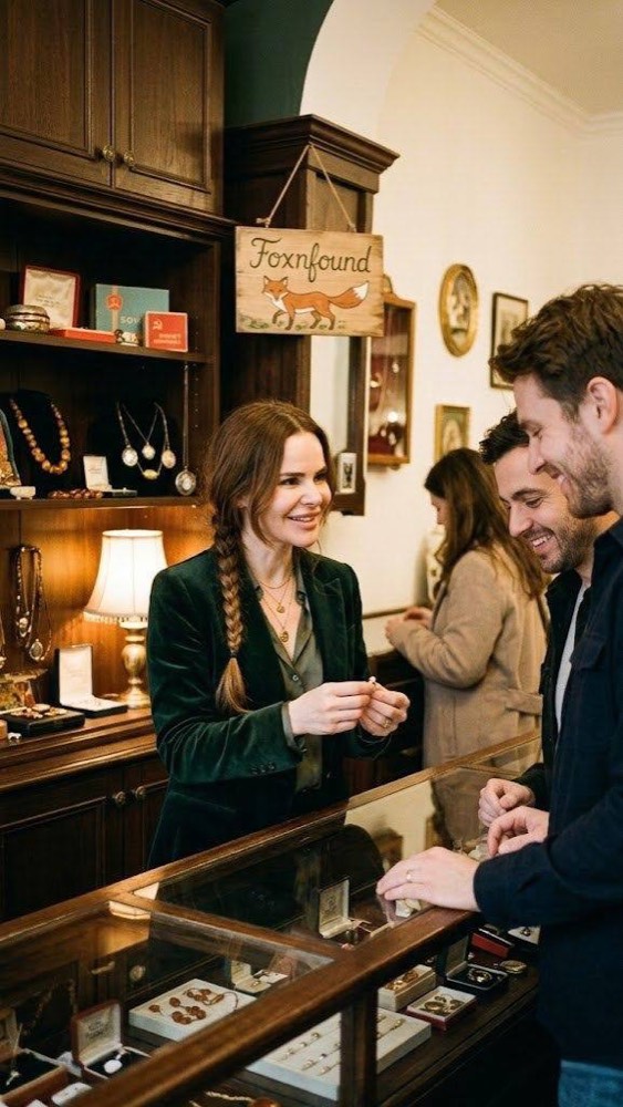FoxnFound owner helping customers choose vintage jewellery at the boutique counter, beneath the fox sign