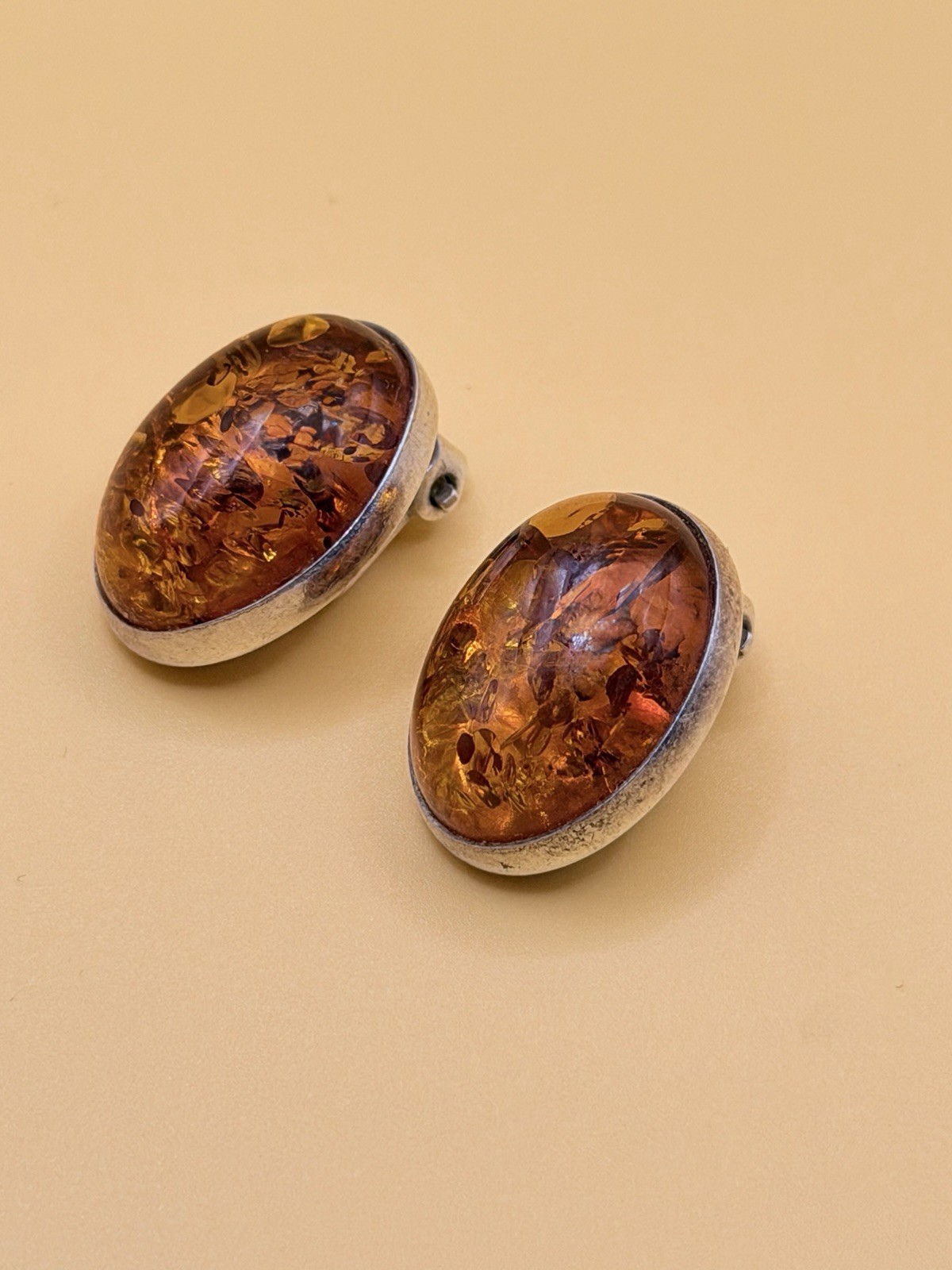 Simple Baltic Honey Amber Sterling Silver Oval Cabochon Clip On Earrings