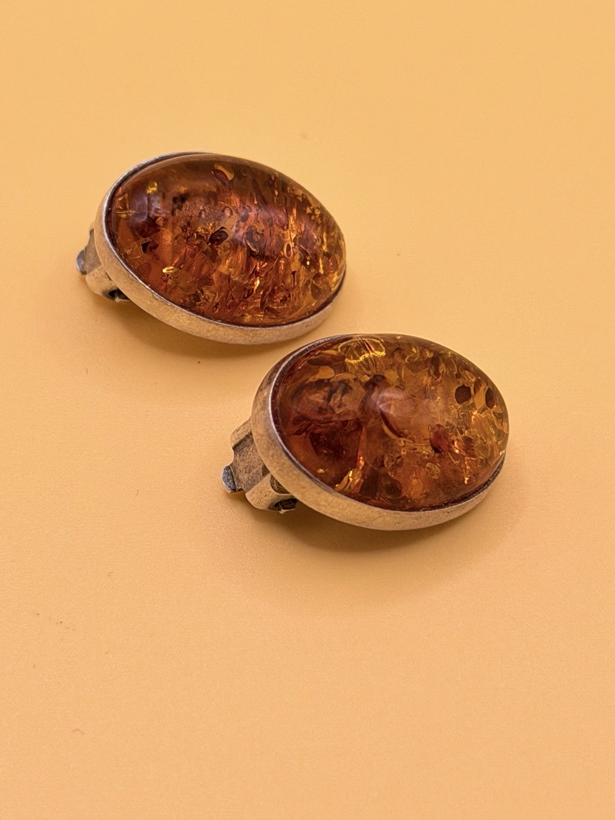 Simple Baltic Honey Amber Sterling Silver Oval Cabochon Clip On Earrings