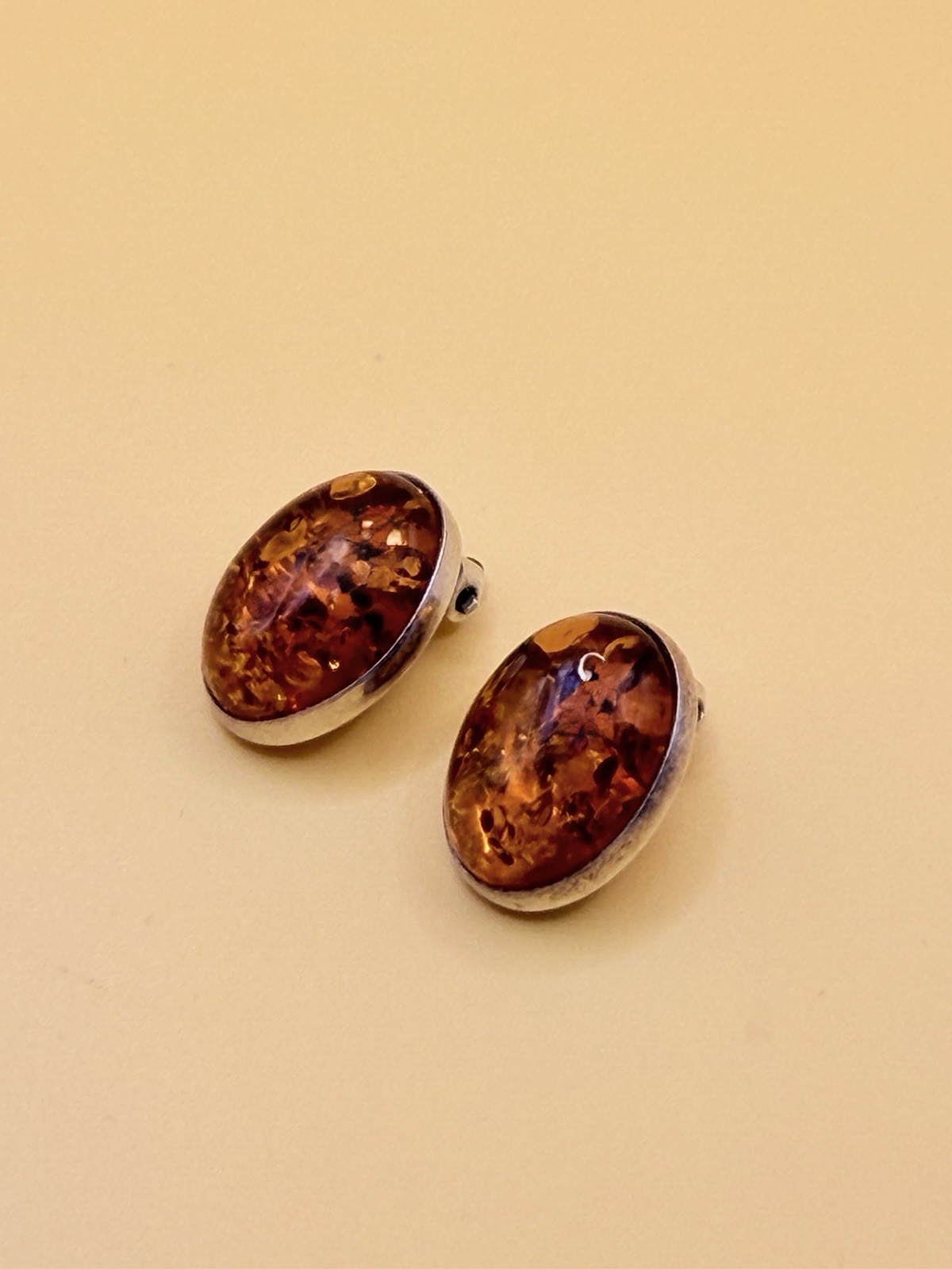 Simple Baltic Honey Amber Sterling Silver Oval Cabochon Clip On Earrings
