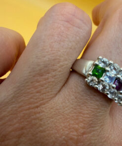 925 Sterling Silver Ring with Emerald Sapphire Moonstone Peridot, UK Size N, Dainty Gemstone Ring