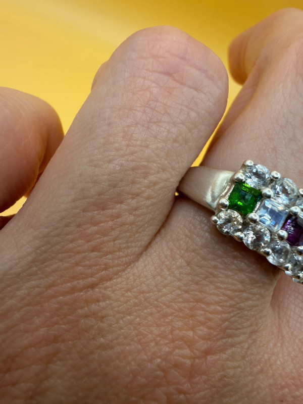 925 Sterling Silver Ring with Emerald Sapphire Moonstone Peridot, UK Size N, Dainty Gemstone Ring