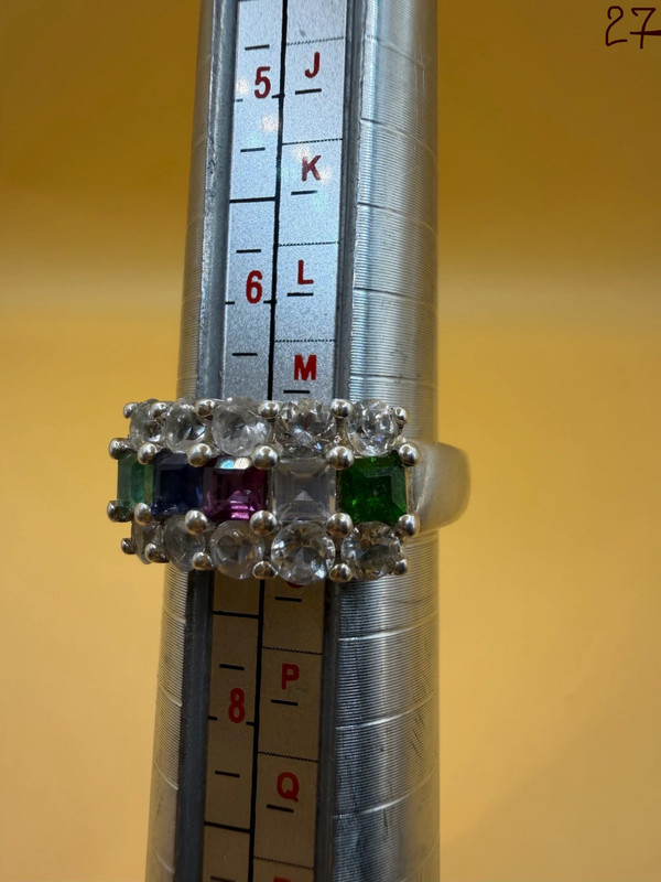 925 Sterling Silver Ring with Emerald Sapphire Moonstone Peridot, UK Size N, Dainty Gemstone Ring