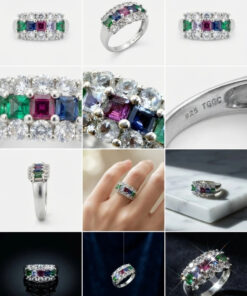 925 Sterling Silver Ring with Emerald Sapphire Moonstone Peridot, UK Size N, Dainty Gemstone Ring