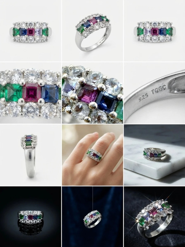 925 Sterling Silver Ring with Emerald Sapphire Moonstone Peridot, UK Size N, Dainty Gemstone Ring