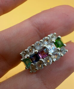925 Sterling Silver Ring with Emerald Sapphire Moonstone Peridot, UK Size N, Dainty Gemstone Ring
