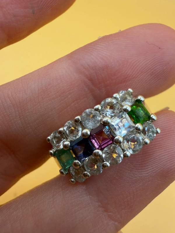 925 Sterling Silver Ring with Emerald Sapphire Moonstone Peridot, UK Size N, Dainty Gemstone Ring