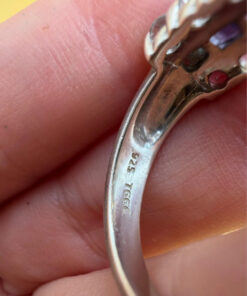 925 Sterling Silver Ring with Emerald Sapphire Moonstone Peridot, UK Size N, Dainty Gemstone Ring