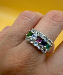 925 Sterling Silver Ring with Emerald Sapphire Moonstone Peridot, UK Size N, Dainty Gemstone Ring
