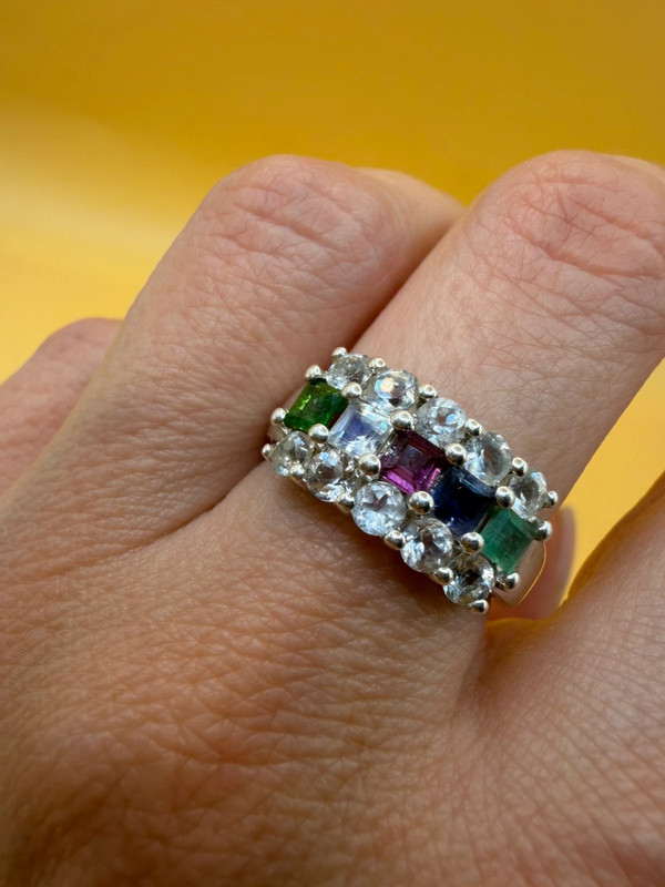 925 Sterling Silver Ring with Emerald Sapphire Moonstone Peridot, UK Size N, Dainty Gemstone Ring