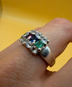 925 Sterling Silver Ring with Emerald Sapphire Moonstone Peridot, UK Size N, Dainty Gemstone Ring
