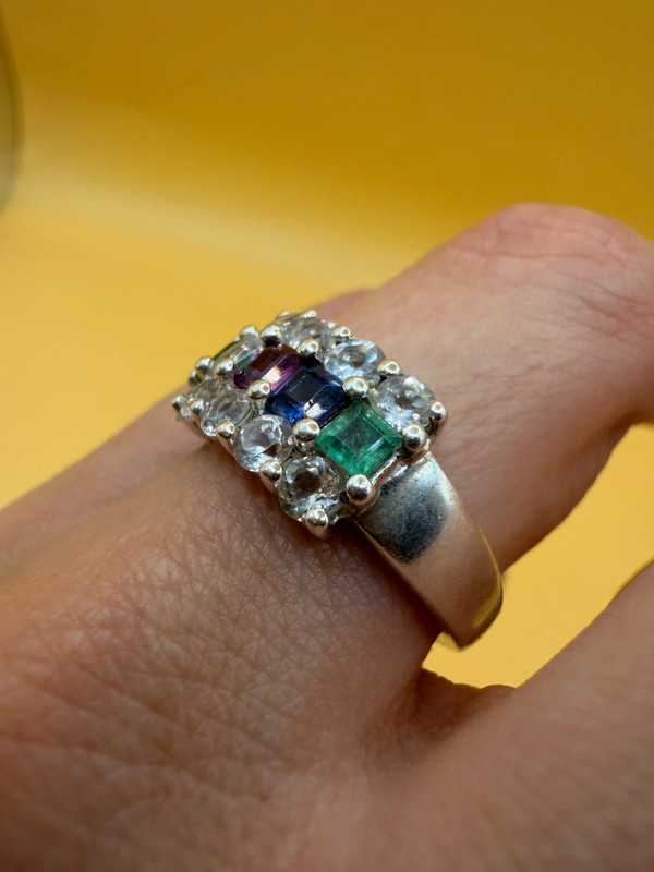 925 Sterling Silver Ring with Emerald Sapphire Moonstone Peridot, UK Size N, Dainty Gemstone Ring