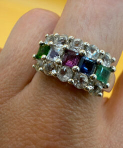 925 Sterling Silver Ring with Emerald Sapphire Moonstone Peridot, UK Size N, Dainty Gemstone Ring