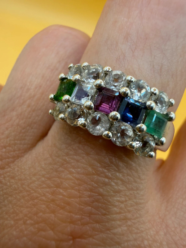 925 Sterling Silver Ring with Emerald Sapphire Moonstone Peridot, UK Size N, Dainty Gemstone Ring