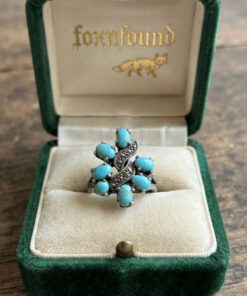 Vintage Sterling Silver Turquoise & Marcasite Cluster Ring – UK Size K