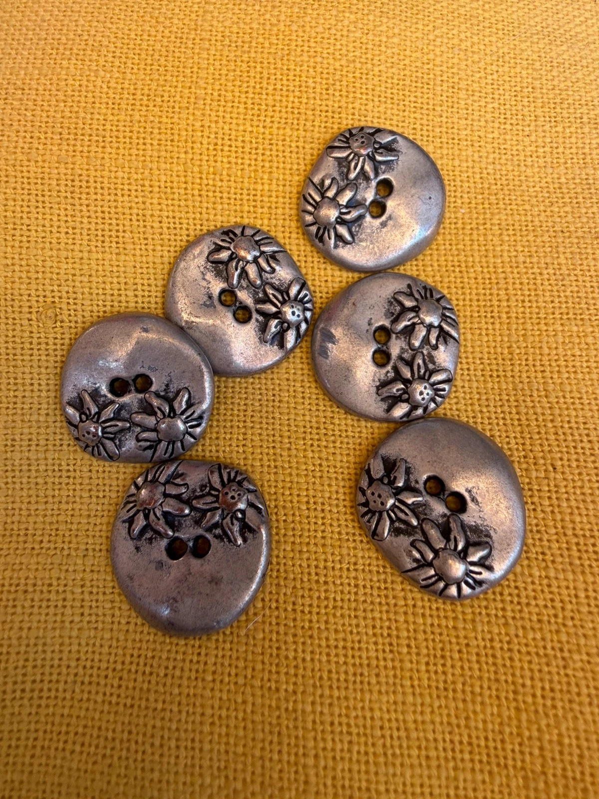 Lot of 6 Vintage 1960s Soviet Silver Tone Metal Buttons with Flower Design